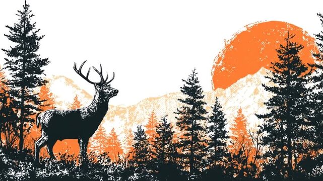 Silhouette of a deer in a forest with an orange sun background