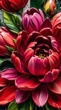 Bold oil painting of large flowers in vibrant reds and pinks, surrounded by green leaves