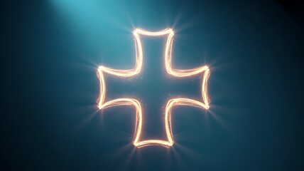 Obraz premium Glowing Orange Cross Symbol on Blue Background with Light Rays
