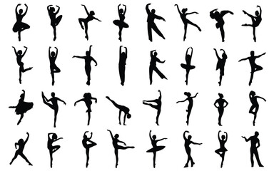 Silhouettes of ballerinas in various dynamic poses arranged in a grid formation