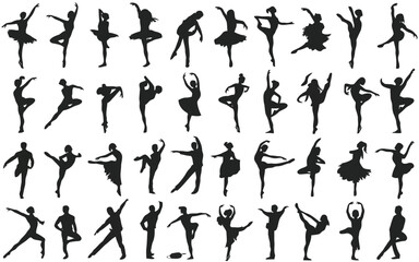 Silhouettes of ballet dancers in various poses arranged in a grid like pattern