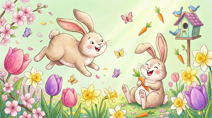 Playful Bunnies Frolicking in a Colorful Spring Garden with Butterflies and Flowers