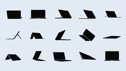 Abstract arrangement of black laptop silhouettes in various tilted and open positions