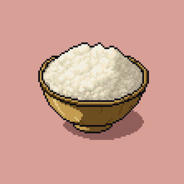Pixel art bowl of steamed white rice in traditional ceramic dish with golden rim on soft pink background. Vector illustration of plain cooked rice served in a classic Japanese-style bowl in 8-bit