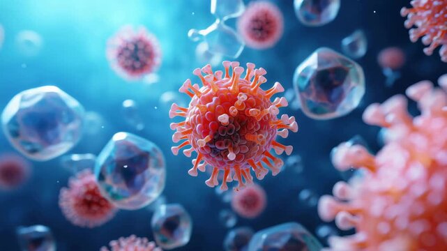 Viral particles with spike proteins in liquid field, microscopic pathogen closeup for medical research, vaccine development, public health materials, pharmaceutical branding, digital science