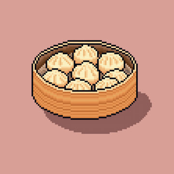 Pixel art steamed dumplings in bamboo basket with pleated wrappers and shadow on pink background. Vector illustration of traditional chinese dim sum served in woven bamboo steamer in 8-bit retro style