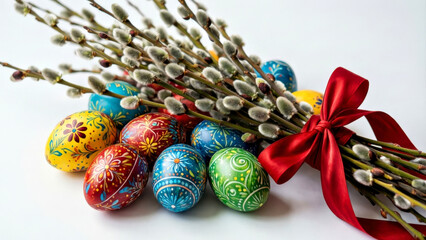 Colorful Easter Eggs and Willow Branches with Red Bow on White Background