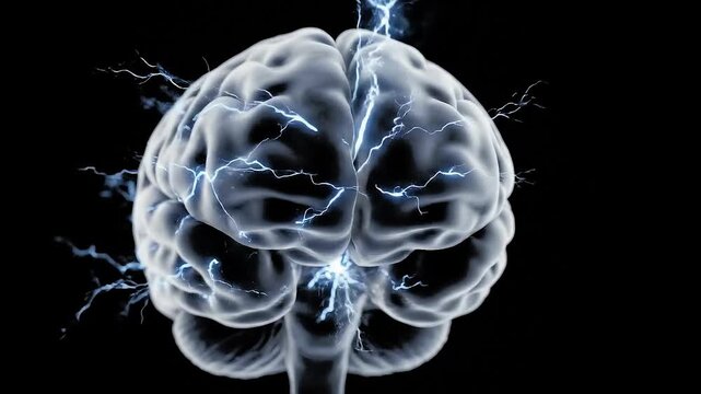 Human brain electricity concept with neural activity lightning and dark background