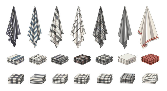 Selection of kitchen or bath towels shown in various states like hanging and neatly folded in stacks with different plaid and stripe patterns.