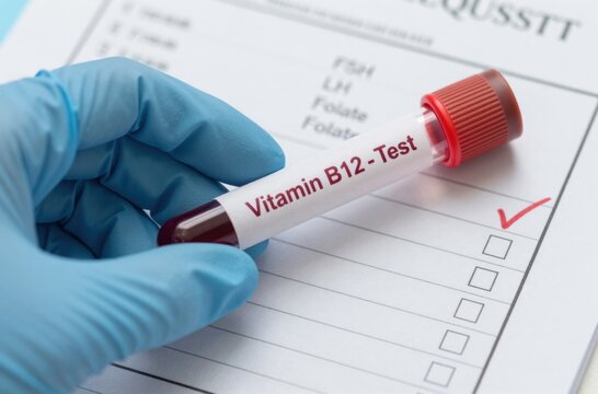 Vitamin B12 Blood Test: Doctor Holding Sample for Diagnosis of Nutritional Deficiency and Anemia on Medical Form