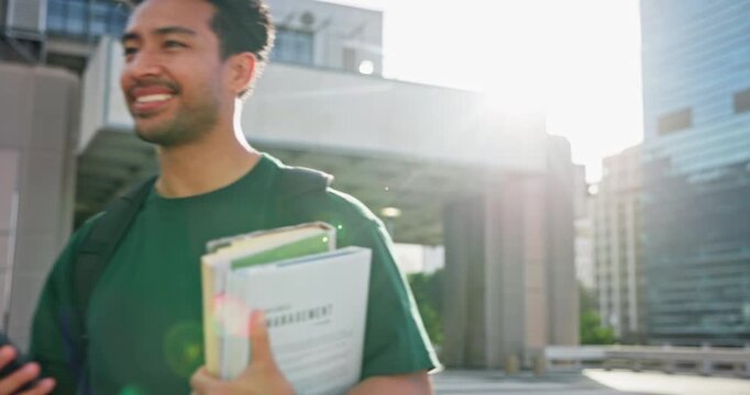 Walking, student and man in city with phone for learning, education and university. Travel, outdoor and person on smartphone with textbooks, social media and online chat for college opportunity