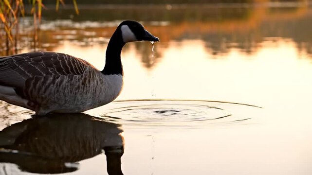 Canada goose standing in calm lake water at golden hour