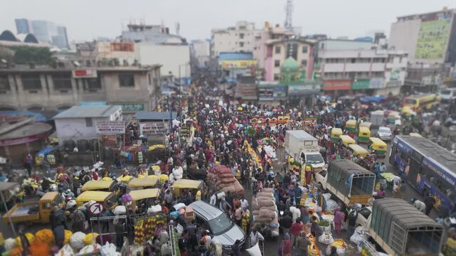 Busy Sunday Flower Market in KR Market Bengaluru Vibrant India Footage.