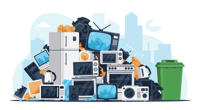 Large pile of discarded electronic waste including old televisions, microwaves, and refrigerators set against a city silhouette.