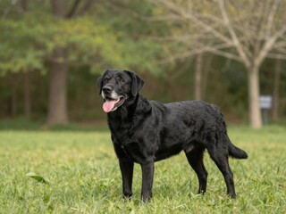 Majestic Black Labrador Retriever Standing Proudly in a Green Meadow, Displaying its Glossy Coat and Happy Expression