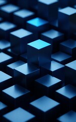 Obraz premium Blue cubes in grid, one glowing teal center cube stands out against dark background.