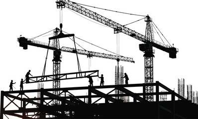 Silhouette of construction workers and tower cranes building a high-rise structure at sunset, representing industrial development, engineering teamwork, and modern urban infrastructure growth