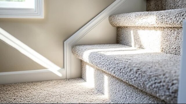 Cozy staircase with soft carpet bathed in natural light.