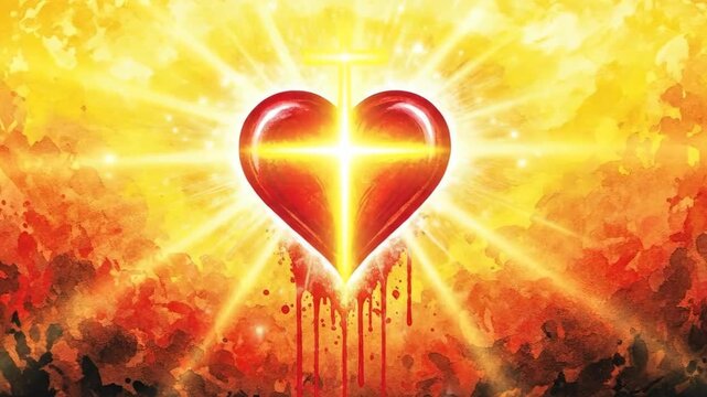 Heart symbol radiating light with cross at center. vibrant transition from a bleeding heart to a glowing heart, emphasizing spiritual significance and transformation. love for Jesus God and religion