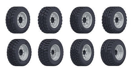 Eight different heavy duty truck and tractor tires with various tread patterns shown from a side perspective. © OtherGRX18