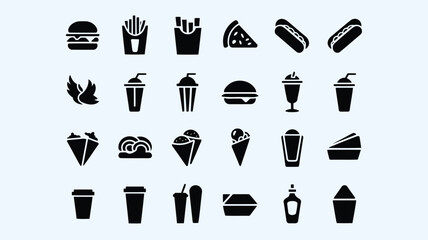 Black silhouette icons depicting various fast foods drinks and common snack items