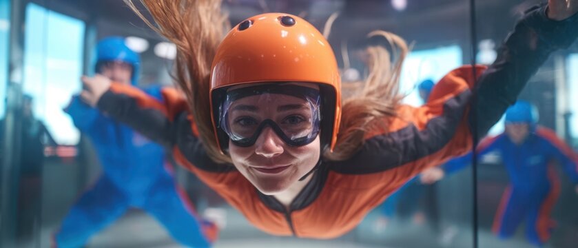 The indoor skydiver smiling in a vertical wind tunnel wearing orange helmet and suit