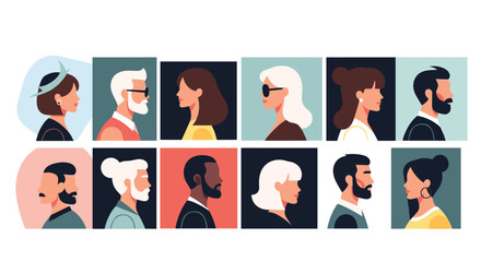 Diverse collection of people profile portraits in colorful square frames showing different ages and ethnicities. © OtherGRX18