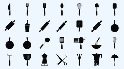 A collection of black silhouette icons depicting various cooking utensils and kitchen tools