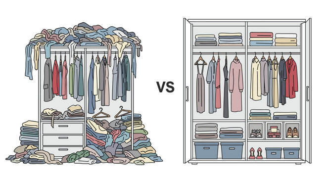Side by side comparison of an extremely messy wardrobe and a well organized closet with tidy clothes and shoes.