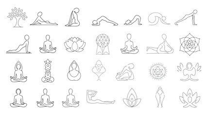 Line art illustrations depict various yoga poses meditation symbols and spiritual elements