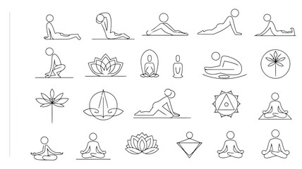 Minimalist line art depicting various yoga poses lotus flowers and spiritual symbols
