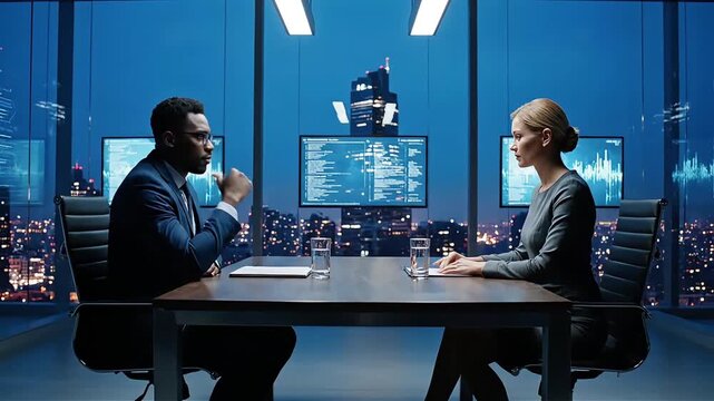 Ai business analytics and algorithm transparency meeting at night with ai bias concept discussed between colleagues in a modern office setting viewed from the side