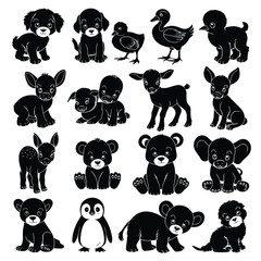 A collection of black silhouette drawings depicting various adorable baby animals together