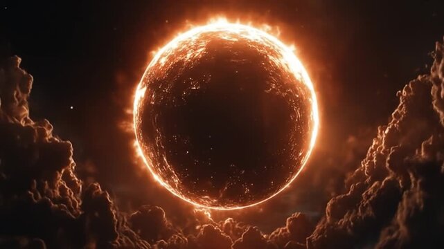 Fiery celestial orb surrounded by ethereal clouds in dramatic sky