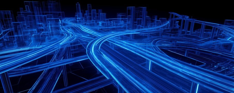Abstract blue glowing wireframe representation of a futuristic digital city infrastructure and complex road network, concept for smart city technology, global communication and urban data exchange