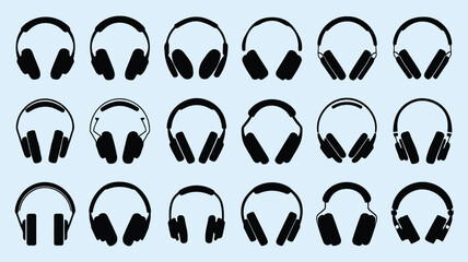 A repeating pattern of black headphones against a pale blue background displayed in rows