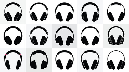 A grid of black headphone silhouettes against a light gray patterned background