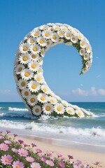 Fototapeta premium Daisy wave curls in ocean, sky backdrop. Bright flowers form natural arch over turquoise waters.