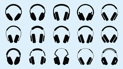 A collection of various black headphone silhouettes arranged in a grid pattern on blue