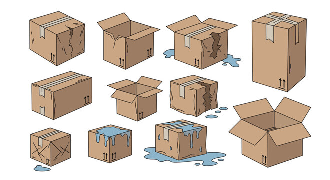 Assortment of damaged, wet, and ruined cardboard boxes illustrating common shipping problems, logistics errors, or severe water damage.