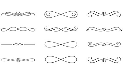 Collection of elegant swirling line designs and flourishes creating intricate decorative elements perfect for invitations and graphic projects.