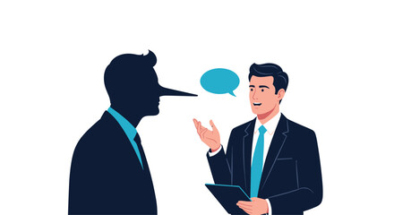 Business concept of deception featuring the silhouette of a man with a long nose talking to an unsuspecting professional colleague.