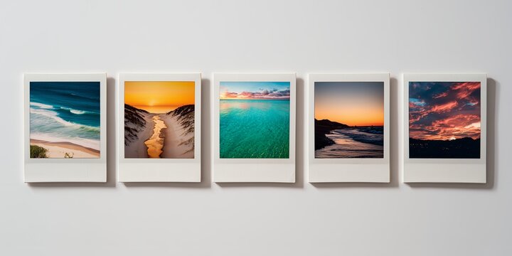 Five instant print photos showing stunning beach landscapes, ocean waves and dramatic sunsets displayed on a clean white wall, concept for travel blogging, photography portfolio and vacation memories