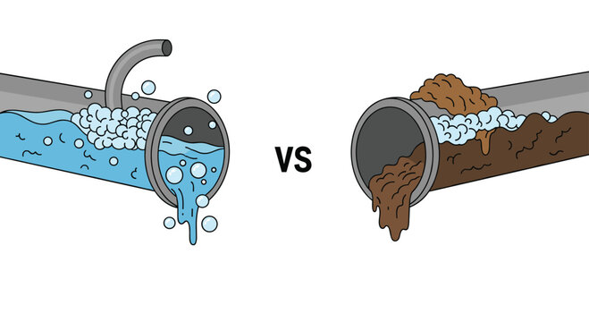 Visual comparison between clean blue water flowing through a modern pipe and dark brown sewage pollution affecting the environment.
