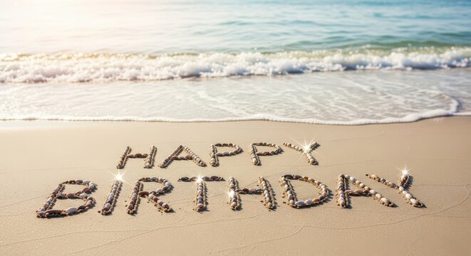 Happy birthday wishes on a serene beach background