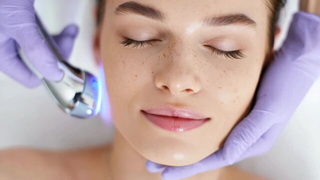 Facial microcurrent lifting procedure with handheld device and blue light, skincare clinic session, aesthetic dermatology treatment for firming, toning, acne care, antiaging rejuvenation