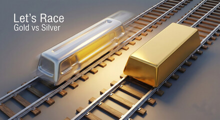 Obraz premium Golden and silver bars moving fast on railroad tracks
