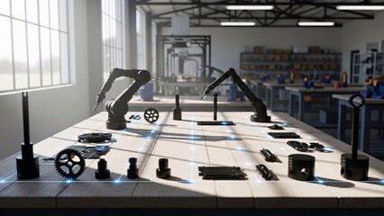 Industrial robotic arms assembling mechanical parts on a workbench.