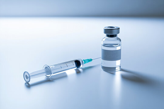 Medical syringe with green needle placed next to a glass vial containing liquid, illuminated against a soft gradient background