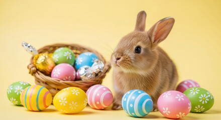 Easter bunny surrounded by colorful eggs in a basket on a yellow background for springtime celebrations and holiday traditions